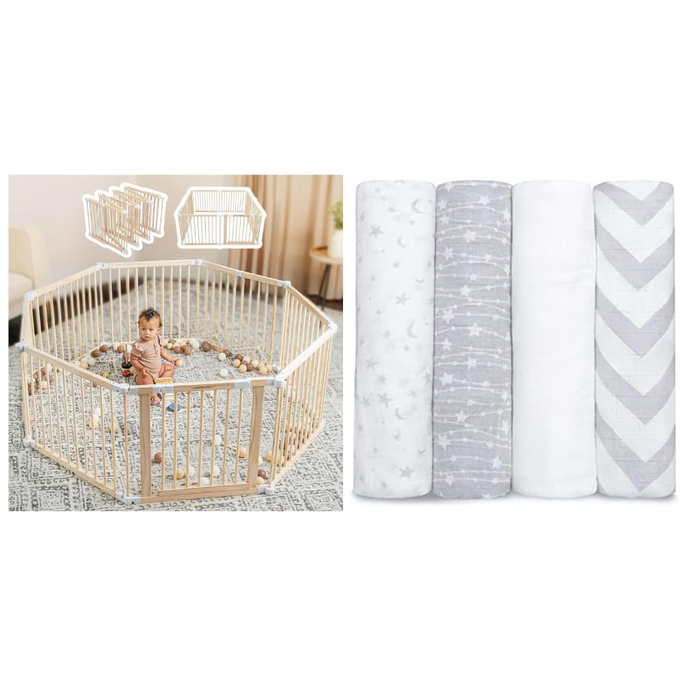 Baby Playpen & Baby Gate and Muslin Swaddle Blankets Bundled by Comfy Cubs