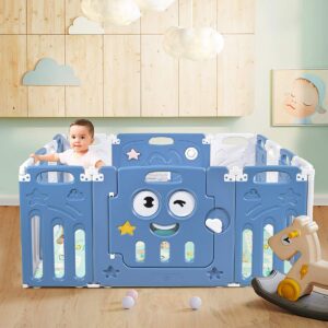 HONEY JOY Baby Play Yards, 14 Panel Foldable Baby Playpen, Anti-Slip Base & Lockable Safety Gate, Indoor Large Baby Fence Play Area for Babies and Toddlers (Blue, 14 Panel)