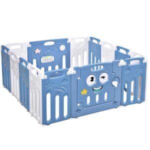 HONEY JOY Baby Play Yards, 14 Panel Foldable Baby Playpen, Anti-Slip Base & Lockable Safety Gate, Indoor Large Baby Fence Play Area for Babies and Toddlers (Blue, 14 Panel)