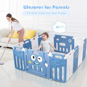 HONEY JOY Baby Play Yards, 14 Panel Foldable Baby Playpen, Anti-Slip Base & Lockable Safety Gate, Indoor Large Baby Fence Play Area for Babies and Toddlers (Blue, 14 Panel)