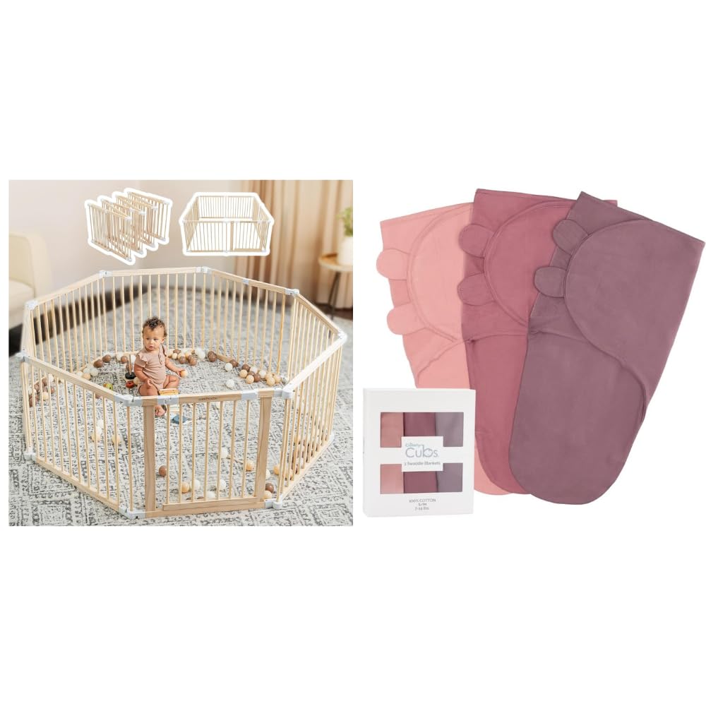 Baby Playpen & Baby Gate and Swaddle Blanket Baby Girl Boy Easy Adjustable 3 Pack Bundled by Comfy Cubs