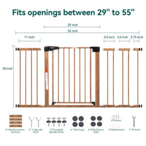 BABELIO 29-55" Extra Wide Baby Gate with Wood Pattern, Metal Auto Close Dog Gate,Pressure Mounted Pet Gate for Doorways, with Y Threaded Spindle Rods, No Tools Required