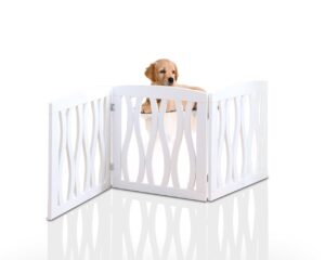 wooden pet gate, foldable and freestanding, for indoor home and office use. keeps pets safe [white cascade wave decorative design. easy set up, no tools required]