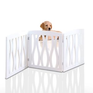 Wooden Pet Gate, Foldable and Freestanding, For Indoor Home and Office Use. Keeps Pets Safe [White Cascade Wave Decorative Design. Easy Set Up, No Tools Required]