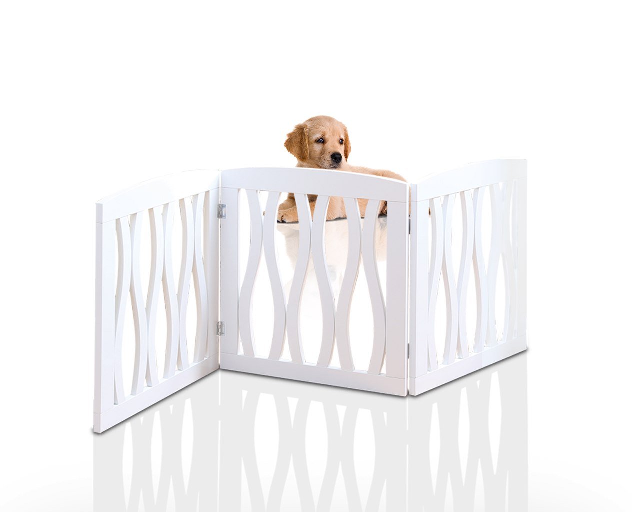 Wooden Pet Gate, Foldable and Freestanding, For Indoor Home and Office Use. Keeps Pets Safe [White Cascade Wave Decorative Design. Easy Set Up, No Tools Required]