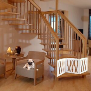 Wooden Pet Gate, Foldable and Freestanding, For Indoor Home and Office Use. Keeps Pets Safe [White Cascade Wave Decorative Design. Easy Set Up, No Tools Required]