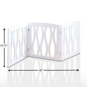 Wooden Pet Gate, Foldable and Freestanding, For Indoor Home and Office Use. Keeps Pets Safe [White Cascade Wave Decorative Design. Easy Set Up, No Tools Required]