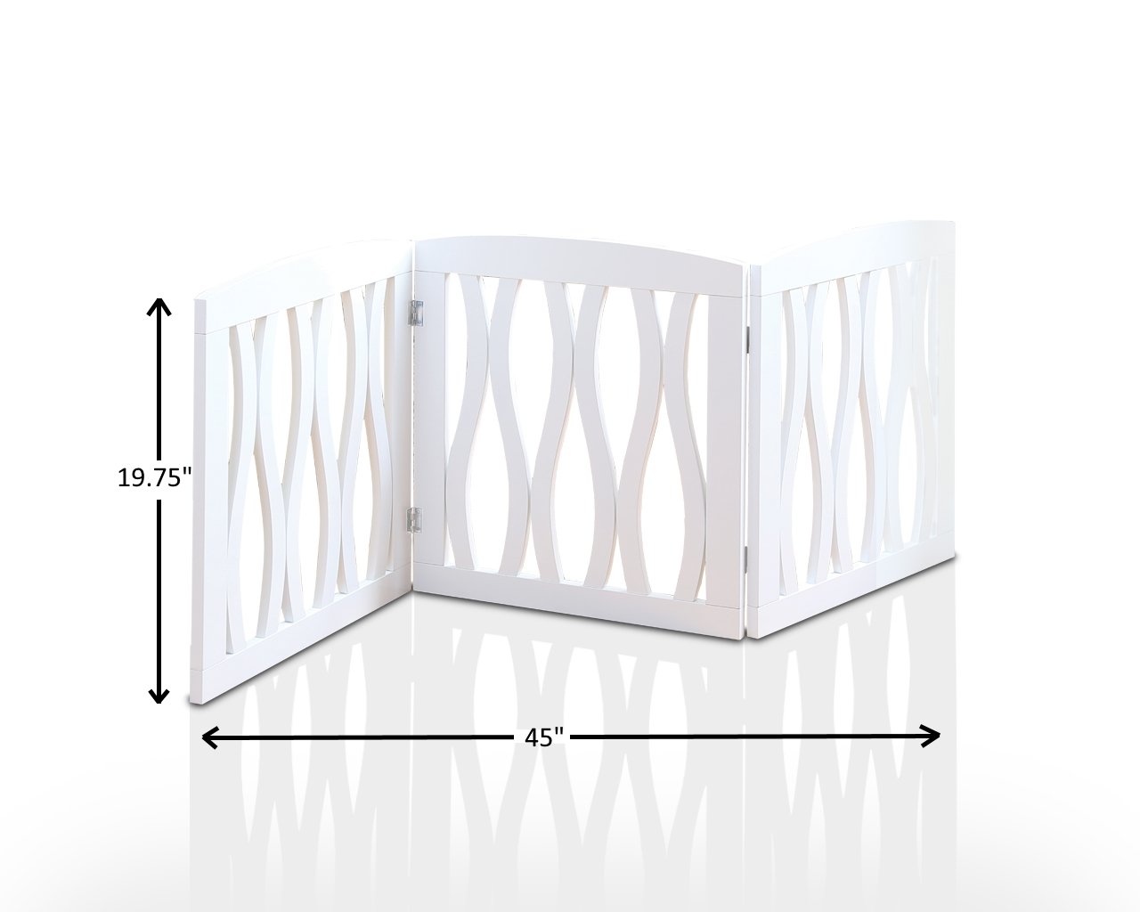 Wooden Pet Gate, Foldable and Freestanding, For Indoor Home and Office Use. Keeps Pets Safe [White Cascade Wave Decorative Design. Easy Set Up, No Tools Required]