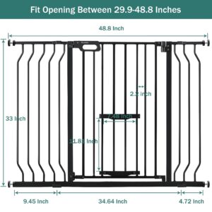 Newnice Upgraded Baby Gate with Cat Door 29.9-48.8" Extra Wide, Tall Dog Gate for The House Doorways Stairs, Auto Close Walk Thru Safety Gate with Small Pet Door, Pressure Mounted Child Gate, Black