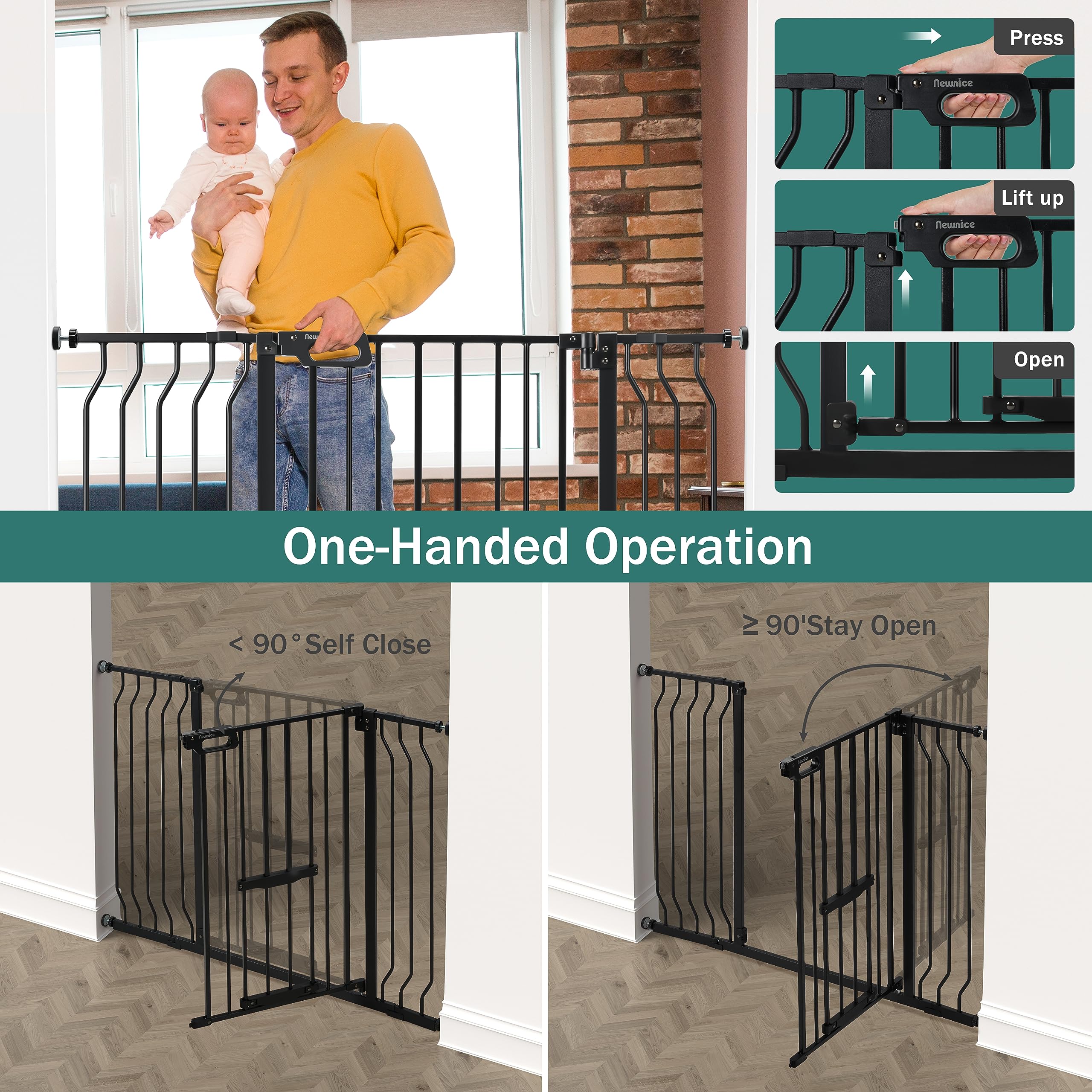 Newnice Upgraded Baby Gate with Cat Door 29.9-48.8" Extra Wide, Tall Dog Gate for The House Doorways Stairs, Auto Close Walk Thru Safety Gate with Small Pet Door, Pressure Mounted Child Gate, Black