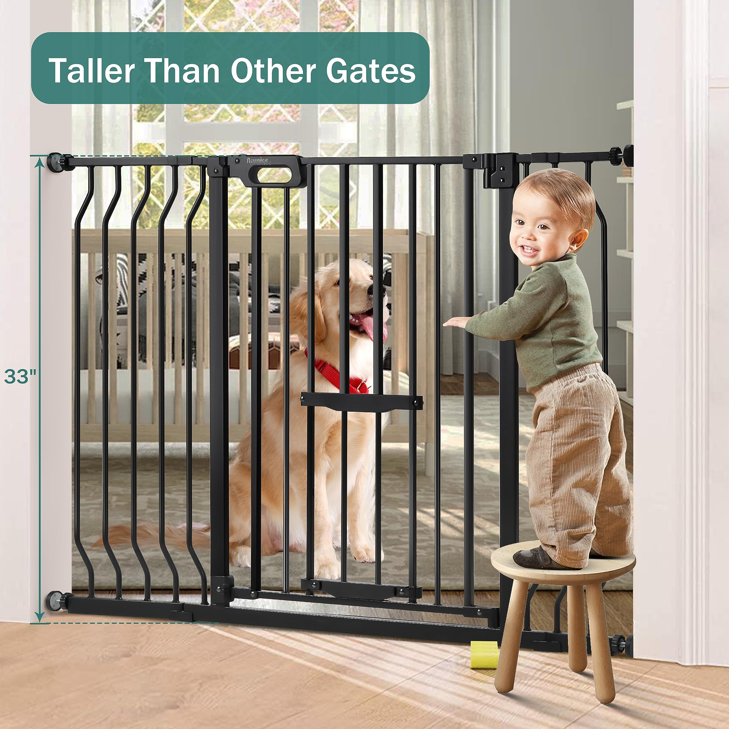 Newnice Upgraded Baby Gate with Cat Door 29.9-48.8" Extra Wide, Tall Dog Gate for The House Doorways Stairs, Auto Close Walk Thru Safety Gate with Small Pet Door, Pressure Mounted Child Gate, Black