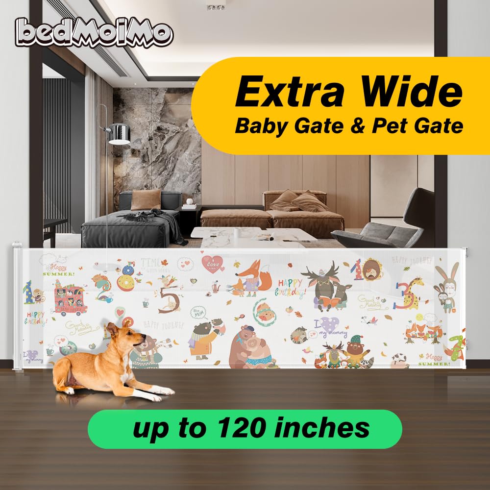 bedmoimo 120 Inch Extra Wide Baby Gate for Large Opening Retractable Baby Gates for Doorway Extra Long Dog Gate for The House Outdoor Large Pet Gates for Dog Indoor Mesh Child Gate