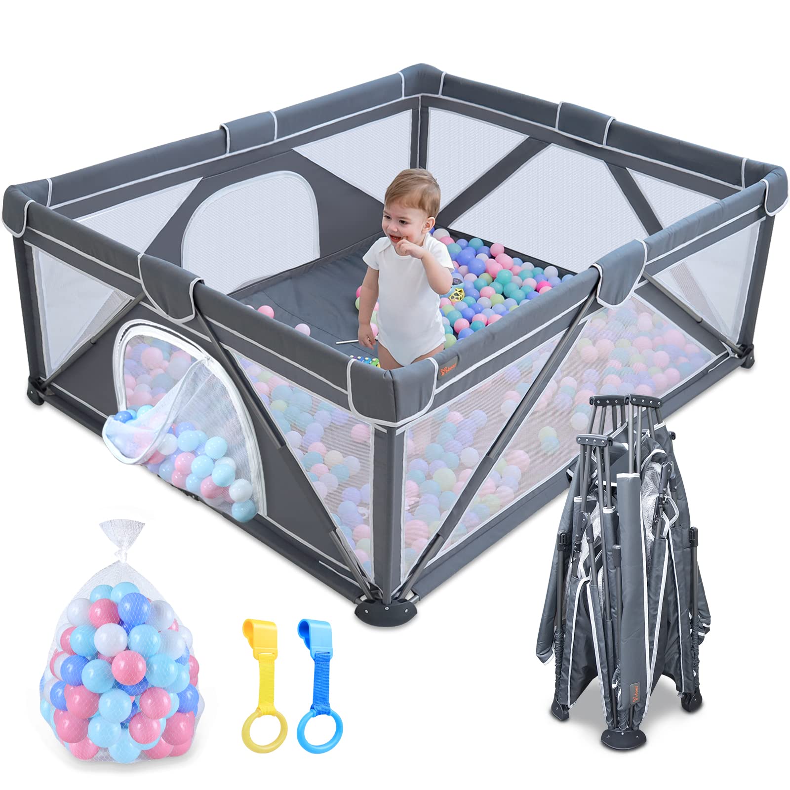 Foldable Baby Playpen, Yobear Large Playpen for Babies and Toddlers with 50 PCS Ocean Balls & 2 Handles, Indoor & Outdoor Kids Safety Play Pen Area, Portable Travel Play Yard (59" × 59", Dark Grey)