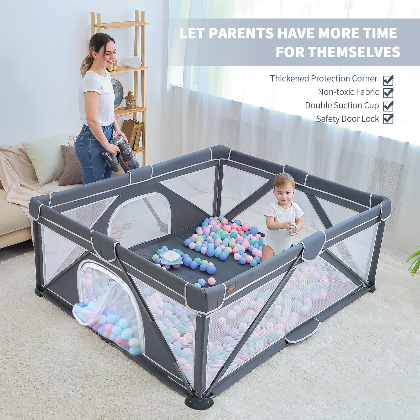 Foldable Baby Playpen, Yobear Large Playpen for Babies and Toddlers with 50 PCS Ocean Balls & 2 Handles, Indoor & Outdoor Kids Safety Play Pen Area, Portable Travel Play Yard (59" × 59", Dark Grey)