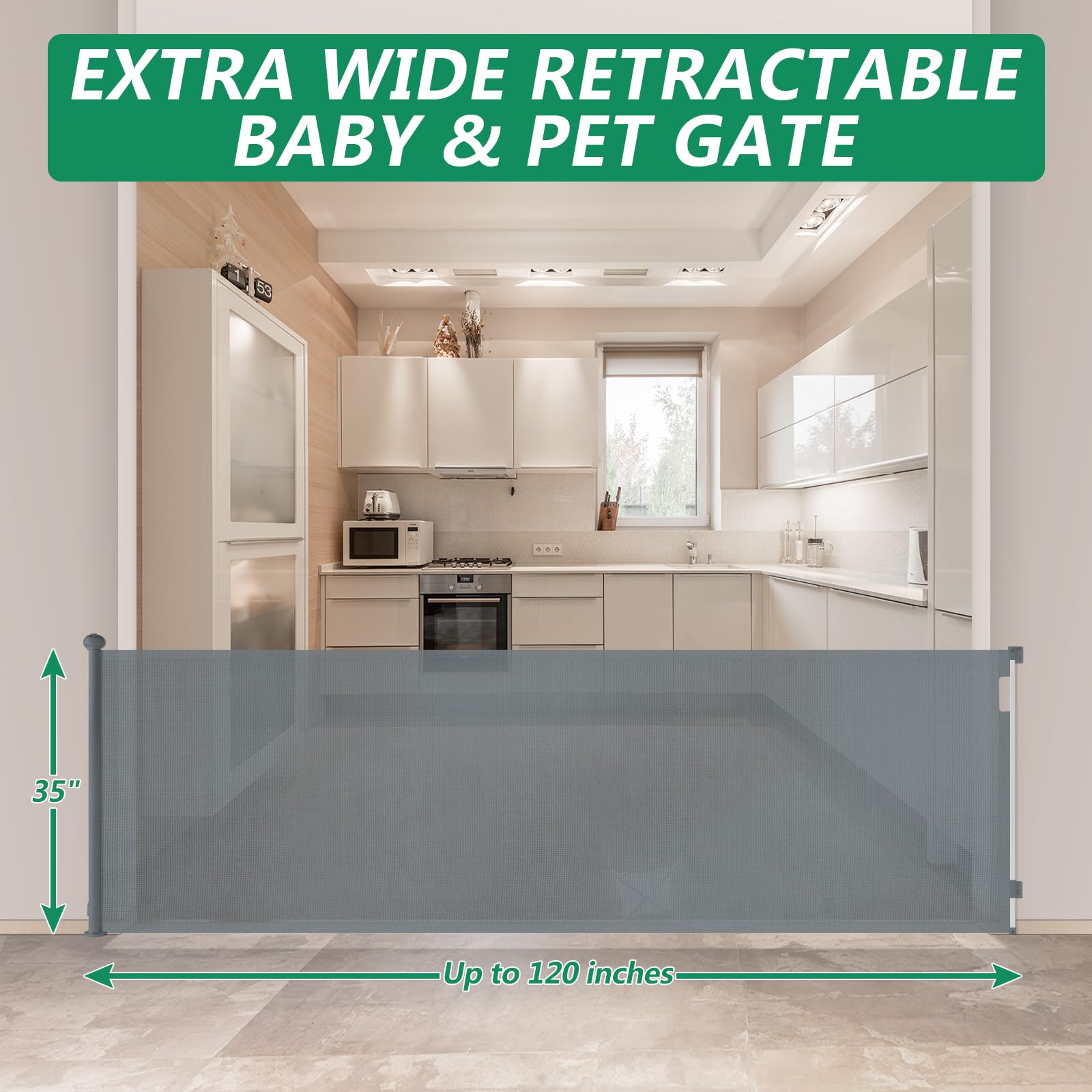 Eaersan 120'' Extra Wide Baby Gates,Retractable Extra Long Baby Gate,Extra Large Dog Gate for Pets for Stairs,Doorway,Large Openings,Indoor/Outdoor etc(Grey)