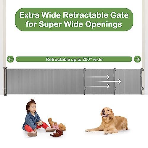 200 Inch Retractable Baby Gates Extra Wide Retractable Dog Gate for Super Wide Openings Indoor Extra Wide Baby Gate Outdoor Retractable Gates for Dogs Baby Fence Play Area Garage Gate Deck Gate, Gray