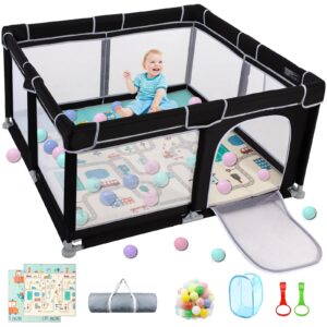 Baby Playpen with Mat, 50”×50” Playpen, Durable and Secure Baby Play Pen, Indoor & Outdoor Kids Activity Play Center, Equipped with Anti-Slip Suckers and a Zipper Gate, Anti-Fall（Black）