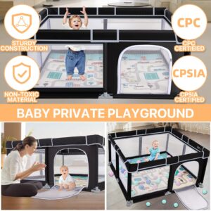 Baby Playpen with Mat, 50”×50” Playpen, Durable and Secure Baby Play Pen, Indoor & Outdoor Kids Activity Play Center, Equipped with Anti-Slip Suckers and a Zipper Gate, Anti-Fall（Black）