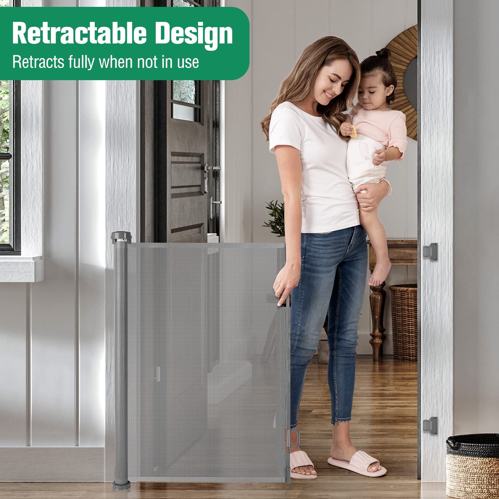 122 Inch Retractable Baby Gates Indoor and Outdoor Extra Wide Baby Gate for Large Openings Extra Long Baby Gate for Doorway Extra Large Retractable Dog Gate for Stairs Outdoor Deck Gate Pet Gate