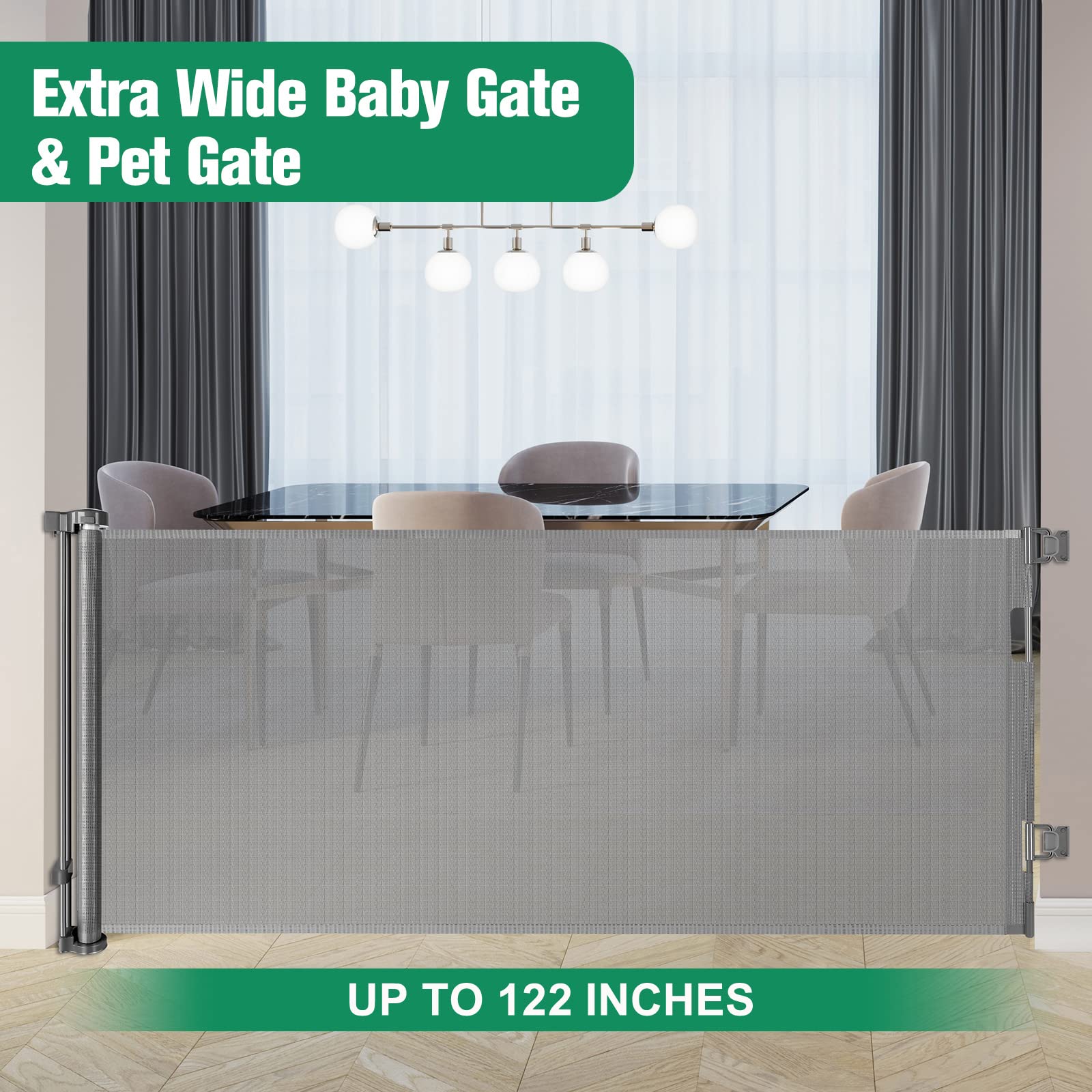 122 Inch Retractable Baby Gates Indoor and Outdoor Extra Wide Baby Gate for Large Openings Extra Long Baby Gate for Doorway Extra Large Retractable Dog Gate for Stairs Outdoor Deck Gate Pet Gate