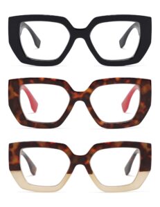 amomoma 3-pack oversized square reading glasses for women,fashion trendy style blue light blocking eyewear readers large frame with spring hinge am6109 c1+c3+c4 1.0 x