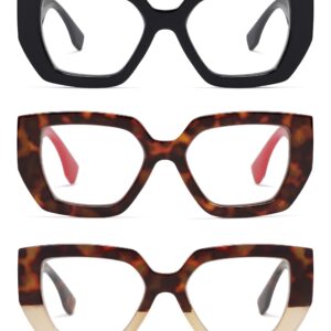 AMOMOMA 3-Pack Oversized Square Reading Glasses for Women,Fashion Trendy Style Blue Light Blocking Eyewear Readers Large Frame with Spring Hinge AM6109 C1+C3+C4 1.0 x