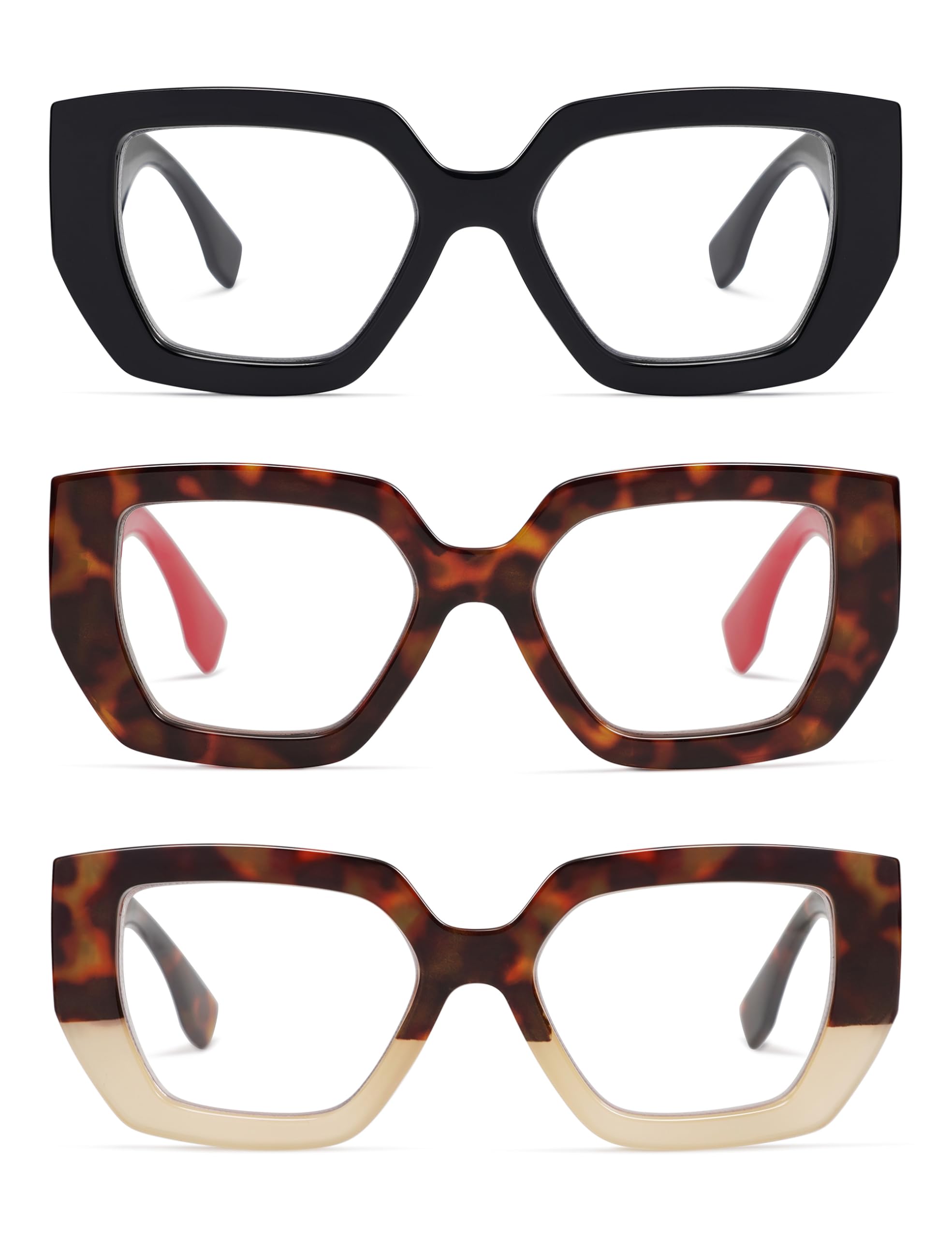 AMOMOMA 3-Pack Oversized Square Reading Glasses for Women,Fashion Trendy Style Blue Light Blocking Eyewear Readers Large Frame with Spring Hinge AM6109 C1+C3+C4 1.0 x