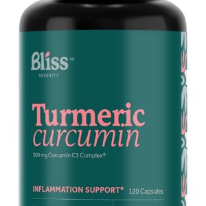 Bliss Serenity Turmeric Curcumin C3 Complex 500 mg, Enhanced with Black Pepper for Better Absorption; Kosher Certified, Non-GMO and Gluten Free - Standardized 95% Curcuminoids - 120 VegCaps