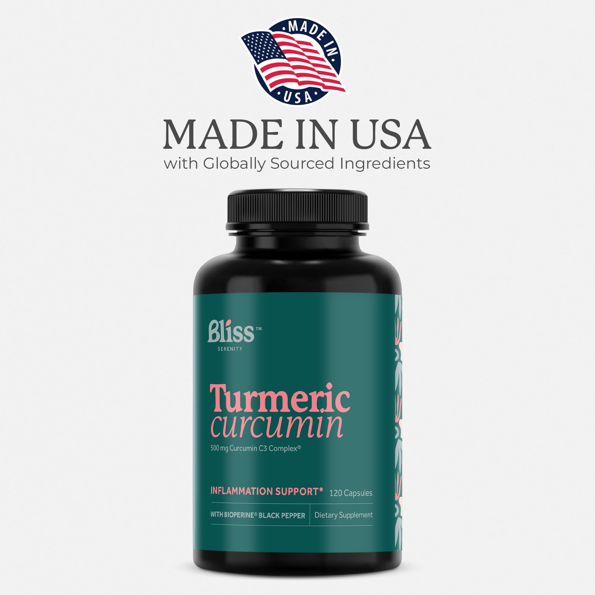 Bliss Serenity Turmeric Curcumin C3 Complex 500 mg, Enhanced with Black Pepper for Better Absorption; Kosher Certified, Non-GMO and Gluten Free - Standardized 95% Curcuminoids - 120 VegCaps