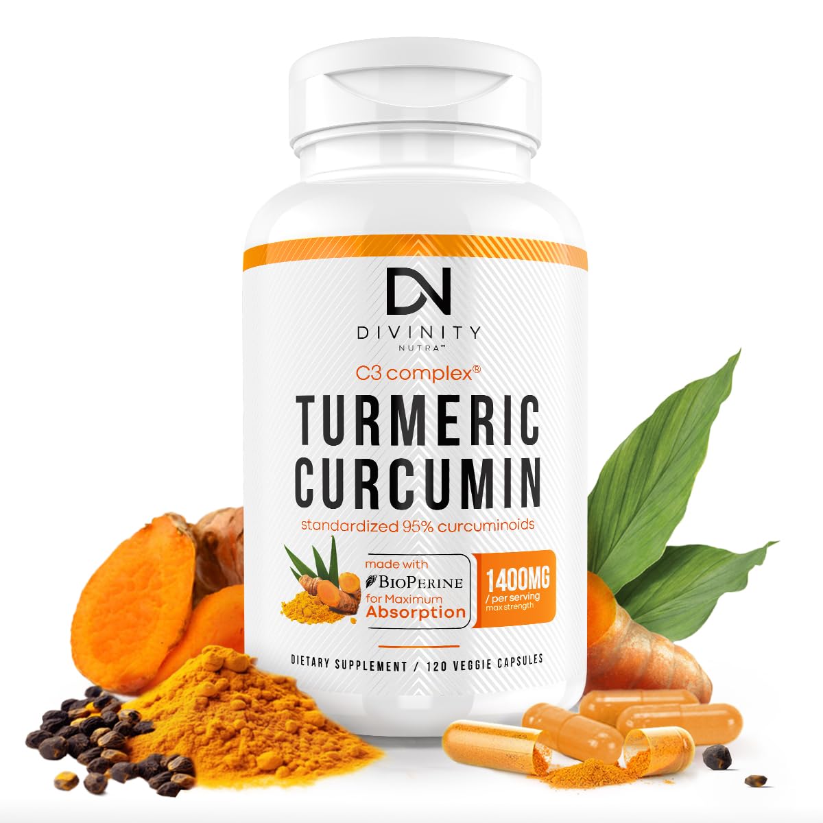 Turmeric Curcumin with BioPerine Black Pepper 1400mg, Support GLP-1 Naturally, Max Absorption Turmeric Supplement for Joint Support with 95% Standardized Curcuminoids C3 Complex, Non GMO, 120 Capsules