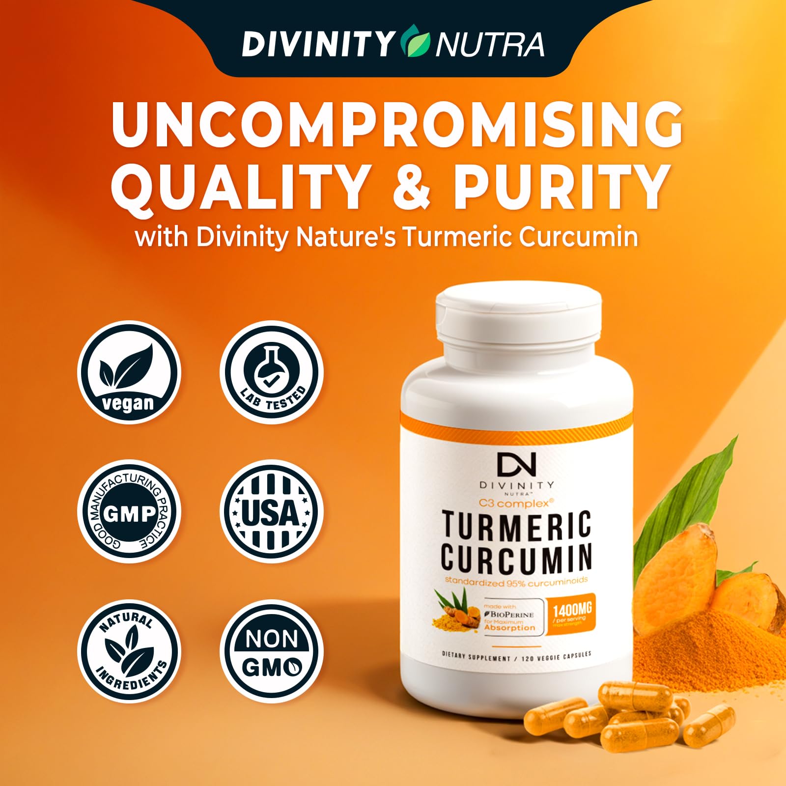 Turmeric Curcumin with BioPerine Black Pepper 1400mg, Support GLP-1 Naturally, Max Absorption Turmeric Supplement for Joint Support with 95% Standardized Curcuminoids C3 Complex, Non GMO, 120 Capsules