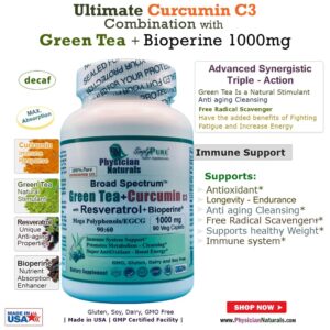 Physician Naturals Green Tea and Curcumin C3 with Resveratrol and Bioperine 1000 mg Supports Immune Joint and Colon Health