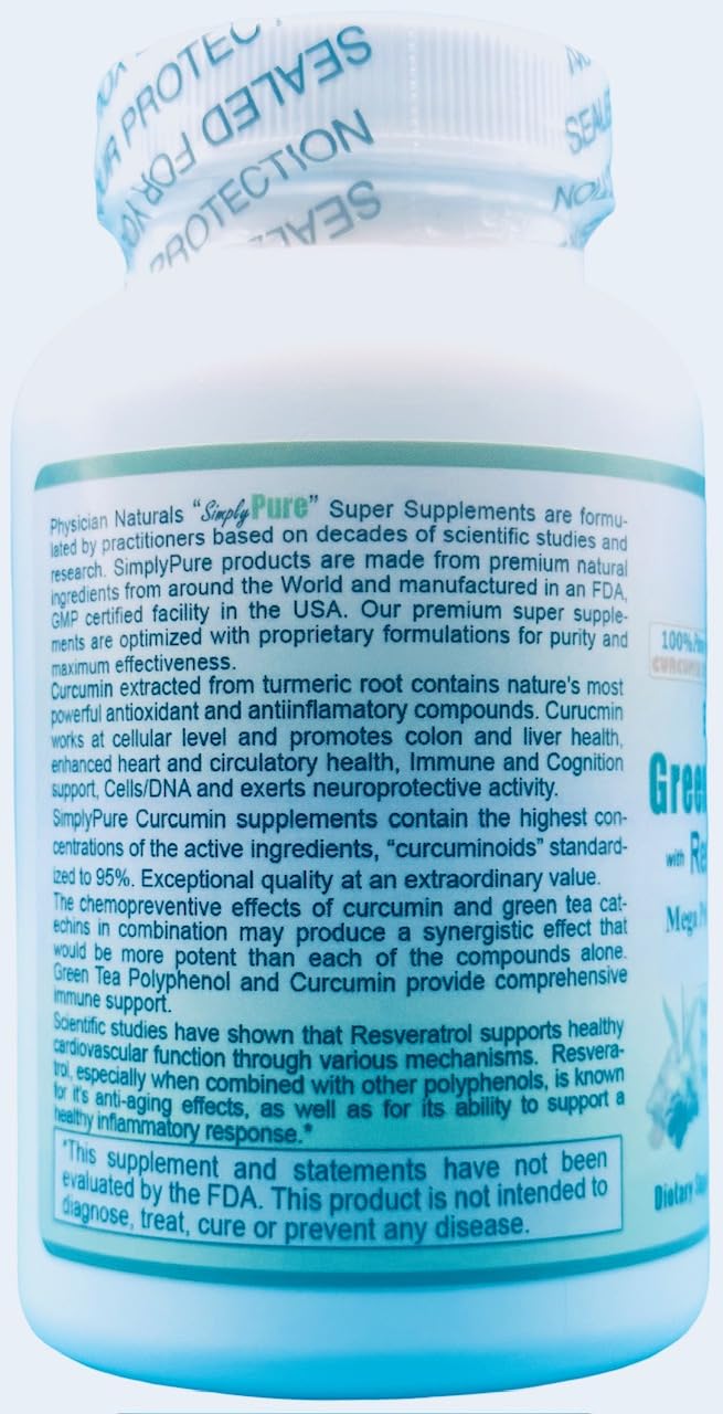 Physician Naturals Green Tea and Curcumin C3 with Resveratrol and Bioperine 1000 mg Supports Immune Joint and Colon Health