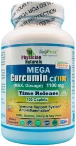 physician naturals mega curcumin c3 time release 1100 mg 100 caplets highest dosage ultra pure curcumin turmeric ext