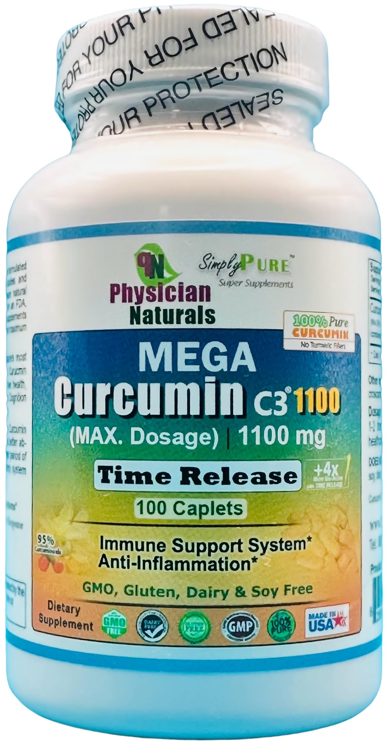 Physician Naturals Mega Curcumin C3 Time Release 1100 mg 100 Caplets Highest Dosage Ultra Pure Curcumin Turmeric Ext