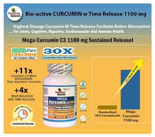 Physician Naturals Mega Curcumin C3 Time Release 1100 mg 100 Caplets Highest Dosage Ultra Pure Curcumin Turmeric Ext