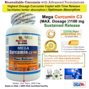 Physician Naturals Mega Curcumin C3 Time Release 1100 mg 100 Caplets Highest Dosage Ultra Pure Curcumin Turmeric Ext