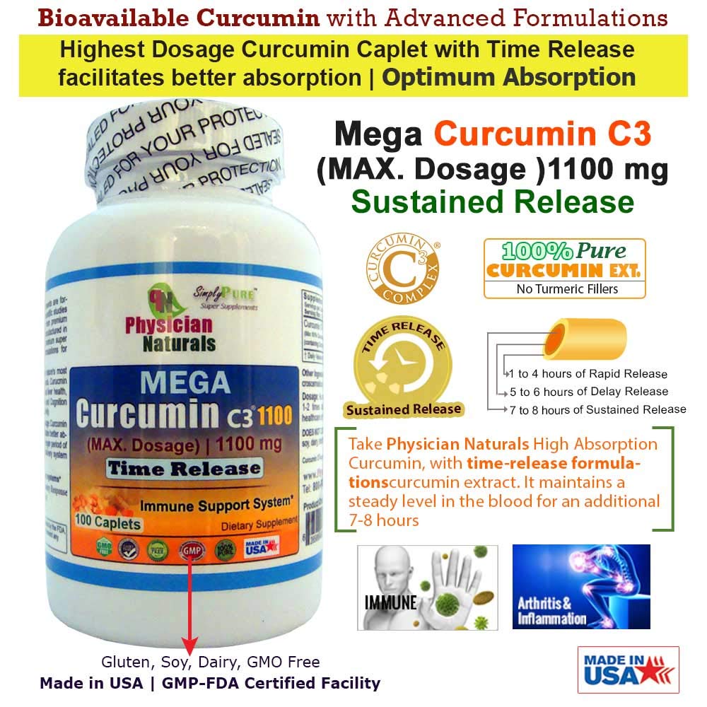 Physician Naturals Mega Curcumin C3 Time Release 1100 mg 100 Caplets Highest Dosage Ultra Pure Curcumin Turmeric Ext