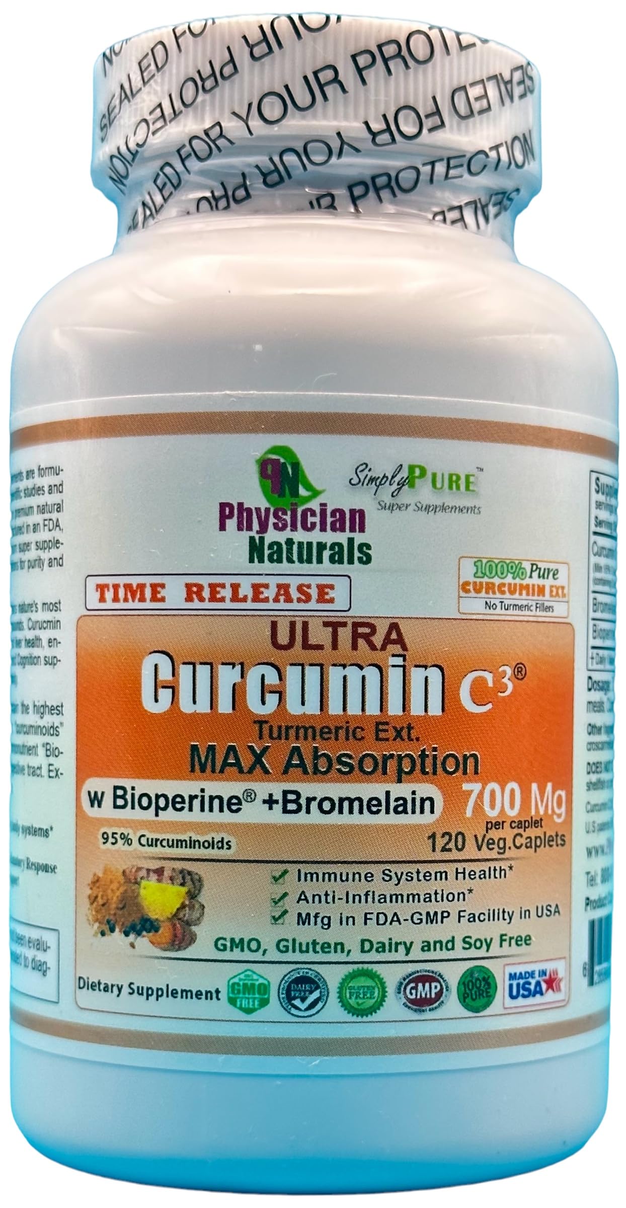 Physician Naturals Ultra CURCUMIN Time Release w Bioperine 700mg 120 Tabs MAX Absorption