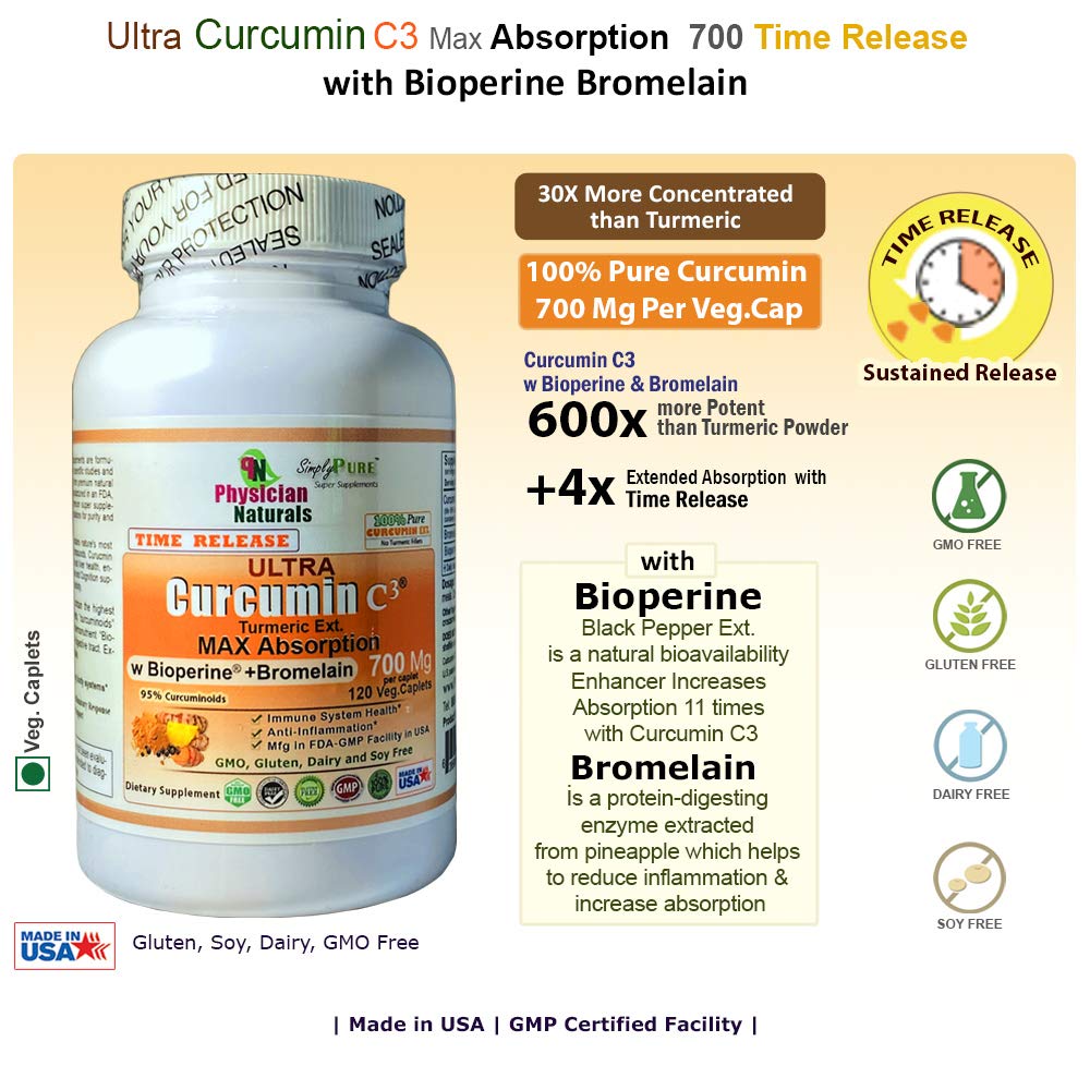 Physician Naturals Ultra CURCUMIN Time Release w Bioperine 700mg 120 Tabs MAX Absorption