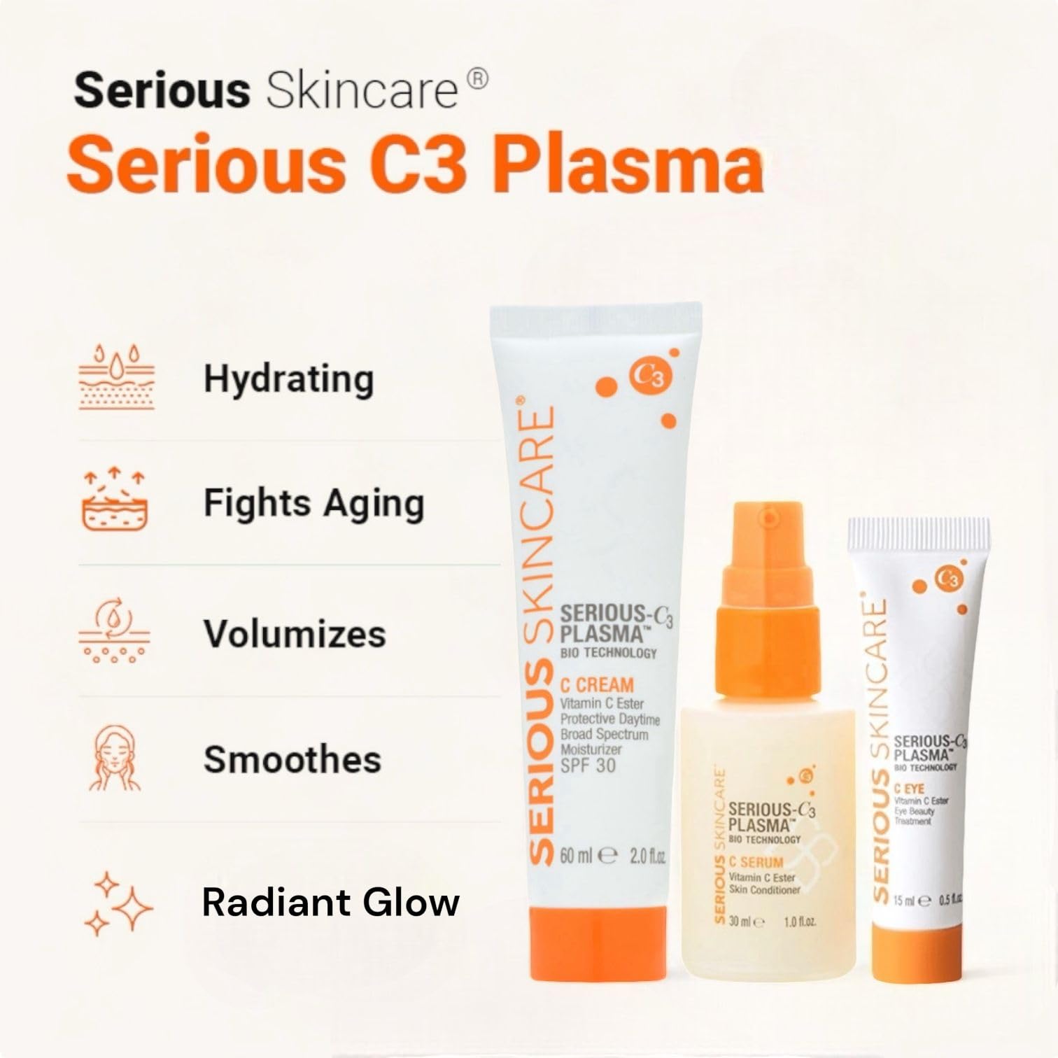 Serious Skincare Serious-C3 Plasma Vitamin C Day Trio - C Cream Daytime Moisturizer SPF 30 2 oz, Vitamin C Serum Skin Conditioner 1 oz. and C-Eye Treatment 0.5 oz.- For Smooth Radiant Skin