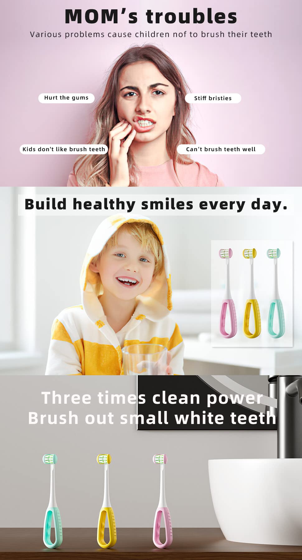 LEYUYO 3 Sided Toothbrush Kids, Soft Bristles Toddler Toothbrush, Autism Toothbrush, 360° Oral Teeth Cleaning, Ages 2+