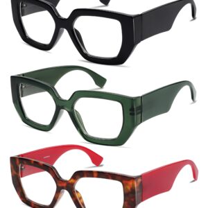 AMOMOMA 3-Pack Oversized Square Reading Glasses for Women,Fashion Trendy Style Blue Light Blocking Eyewear Readers Large Frame with Spring Hinge AM6109 C1+C2+C3 2.0 x