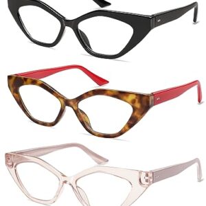 AMOMOMA 3 Pack Trendy Reading Glasses for Women,Blue Light Narrow Cute Cat Eye Readers AM6100 C1+C2+C3 1.0