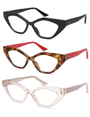 AMOMOMA 3 Pack Trendy Reading Glasses for Women,Blue Light Narrow Cute Cat Eye Readers AM6100 C1+C2+C3 1.0