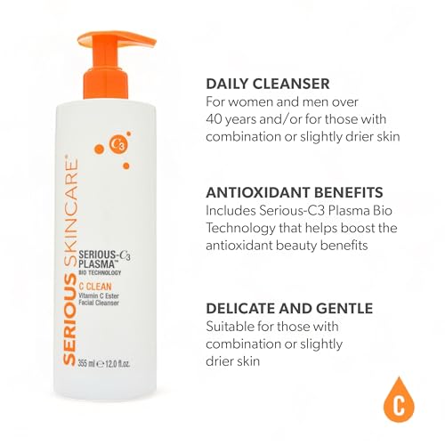 Serious Skincare - Hydrating C3 Vitamin C Facial Cleanser - Gentle Face Wash with Hydrolyzed Collagen - Botanical Extracts - For Dry and Mature Skin - 12 oz.