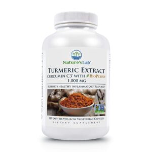 nature's lab turmeric curcumin c3 complex 1000mg - turmeric extract 1000mg & bioperine 5mg standardized to 95%, promotes cardiovascular, immune, joint, skin health - 120 capsules (60 day supply)