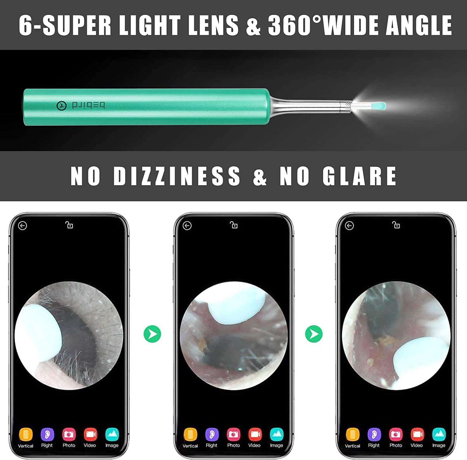 BEBIRD C3 Ear Wax Removal Tool with Ear Camera, Ear Cleaner with 1080P HD Otoscope, 6 LED Light and 4pcs Ear Scoops Replacement Cleaning Kit, Earwax Camera for iOS and Android, Green