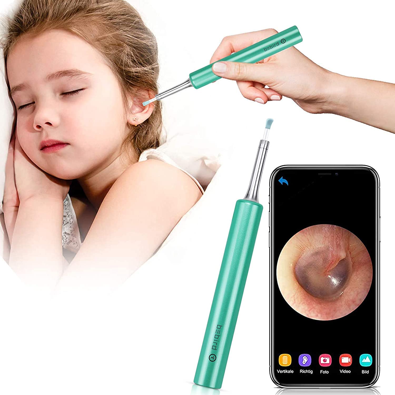 BEBIRD C3 Ear Wax Removal Tool with Ear Camera, Ear Cleaner with 1080P HD Otoscope, 6 LED Light and 4pcs Ear Scoops Replacement Cleaning Kit, Earwax Camera for iOS and Android, Green