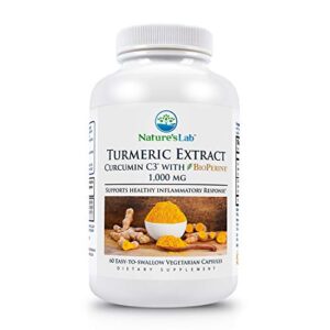 Nature's Lab Turmeric Extract with Curcumin C3 & BioPerine 1000mg - Promotes Cardiovascular, Digestion and Immune Health - 60 Capsules (30 Day Supply)